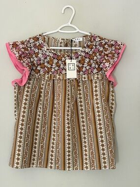THML Floral Embroidered Blouse w/Flutter Sleeve XL Cottagecore Feminine Boho